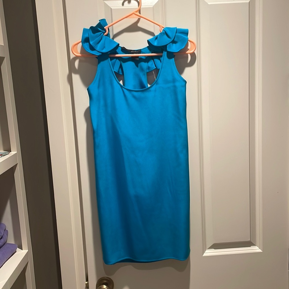 Jay Godfrey, Dark Turqoise/ Teal Mini Dress with Ruffle Neck, Size 0.